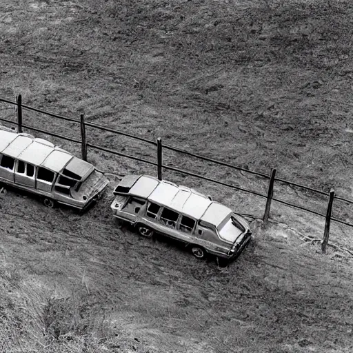 Image similar to a birds - eye view sepia photograph of a delorean in a line of covered wagons with cattle and pioneers, monochromatic,