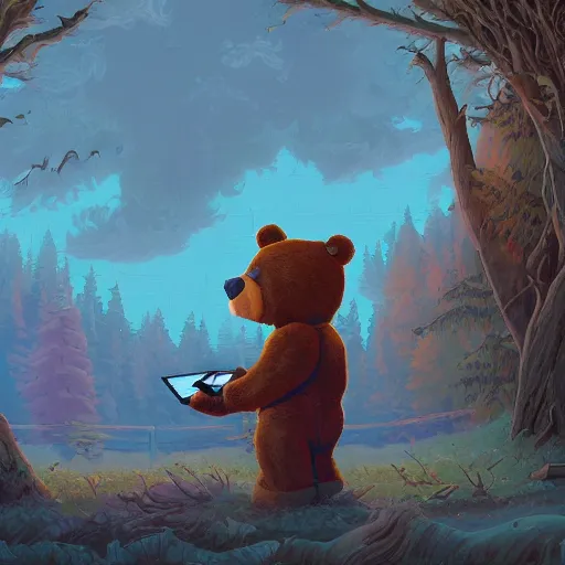 Image similar to a paint of dan mumford, of a robotic teddy bear painting a picture of a cute bear, in the background an apocalyptic panorama, artstation