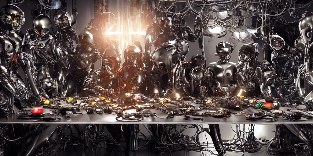 Image similar to !13 diverse cybersuits on !one_side of a reflective !metal table, !!posing_as_last_supper cinematic lighting, intricate cables, detailed glowing implants, satin, crystal, liquid, floating, !!highly detailed