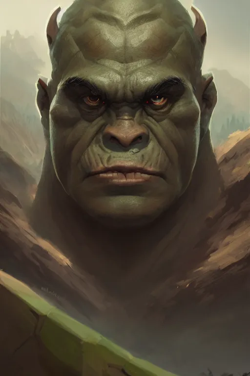 Image similar to dungeons and dragons half orc character closeup portrait, dramatic light, lake background, 2 0 0 mm focal length, painted by stanley lau, painted by greg rutkowski, painted by stanley artgerm, digital art, trending on artstation