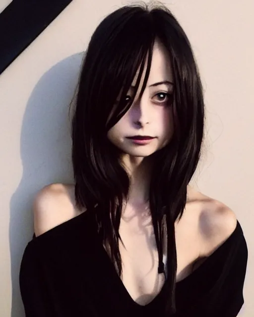 Image similar to style of miho harano : : gorgeous willa holland : : evil witch, swirling black magic, black dress : : symmetrical face, symmetrical eyes : : full body pose : : gorgeous black hair : : magic lighting, low spacial lighting : :