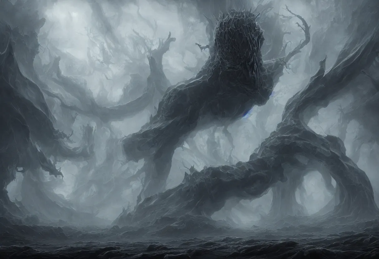 Image similar to A terrifying giant monster made of mist and ink, dramatic atmosphere, masterpiece digital painting by Alex Grey, Greg Rutkowski, 4k wallpaper