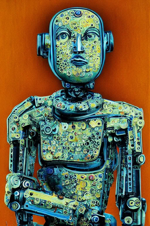 Image similar to robot monk painting a self - portrait on a canvas. intricate, highly detailed, photorealistic, film still, by christopher doyle.