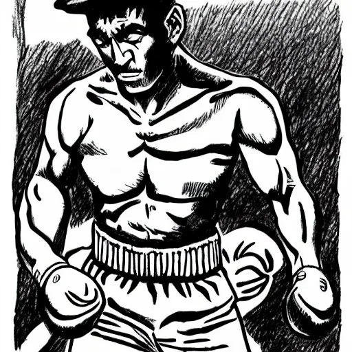 Image similar to professional drawing in the style of kentaro miura of boxing world champion rocky marciano punching