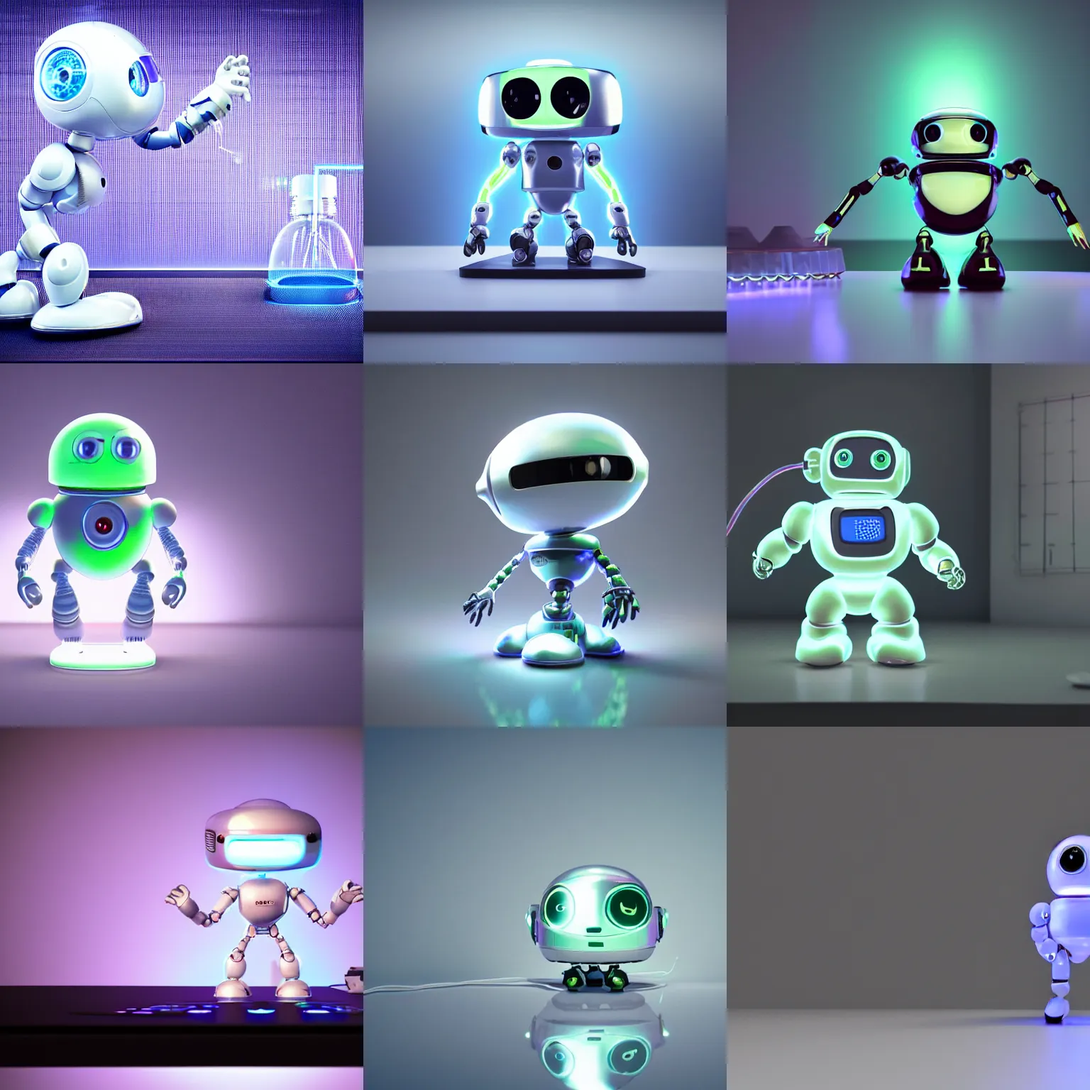 Prompt: a cute rounded tiny robot with tiny arms, made out of shiny reflective white metal, standing on a lab table surrounded by lab tools, 3 d hyper realistic render, white neon lighting, pixar style, futuristic, science fiction, high angle shot, macro, wholesome