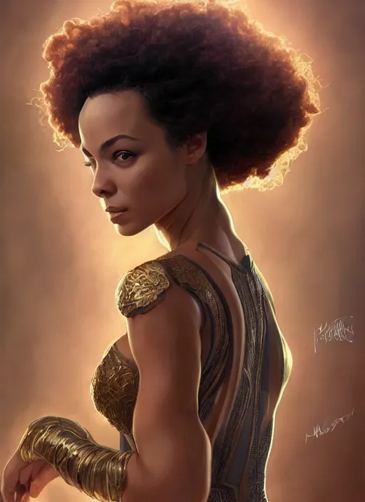 Image similar to full figure ultra realistic illustration, madeleine mantock from charmed second tv show, as marvel enchantress, intricate, elegant, highly detailed, digital painting, artstation, concept art, smooth, sharp focus, illustration, art by artgerm and greg rutkowski and alphonse mucha