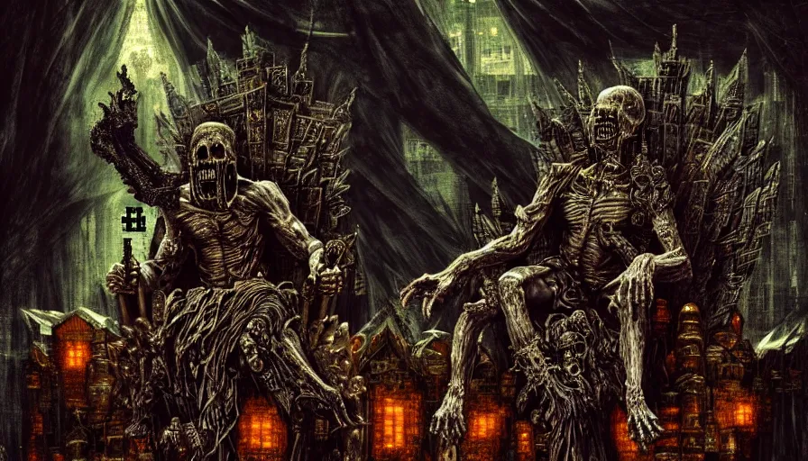 Prompt: highly detailed dark rotting god god sitting on a throne of bodies, night, death, fear, horror, religion, in style of minecraft, cyberpunk, by caravaggio, hyperrealism, detailed and intricate environment