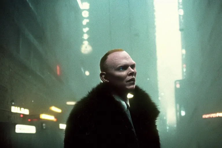 Prompt: a film still of Bill burr in a Blade Runner, high quality