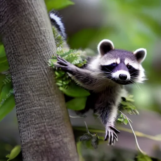 Prompt: 4K miniature raccoons climbing a plant