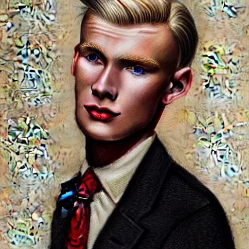 Image similar to A color pencil drawing portrait of a blond young Irish man with high cheekbones. Good bone structure. Dressed in 1940s style. Highly detailed, fine Art, high detail, great lighting, 8k resolution, masterpiece, concept art, illustration, clear eyes, painting oil on canvas, octane render, HDR, trending on artstation, 4k, 8k, HD