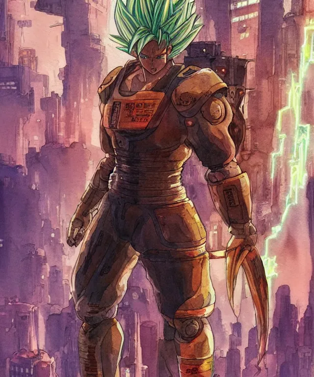 Image similar to a watercolor painting full body character portrait of a cyborg super saiyan martial artist in the style of moebius in the style of cyberpunk trending on artstation deviantart pinterest detailed realistic hd 8 k high resolution