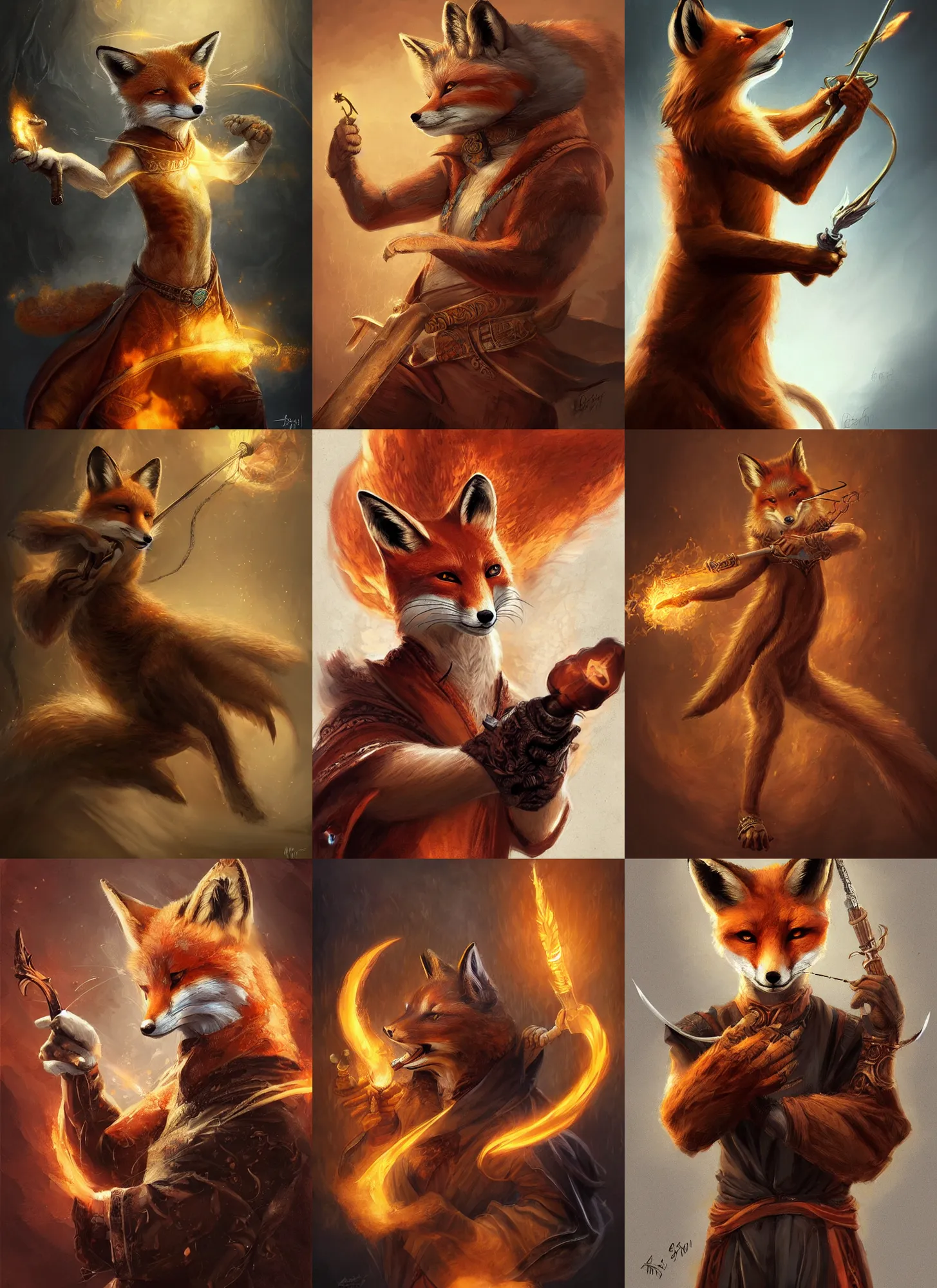 Prompt: anthropomorphic fox firebender holding a wand, digital painting, intricate, sharp focus, aleksi briclot, rutkowski