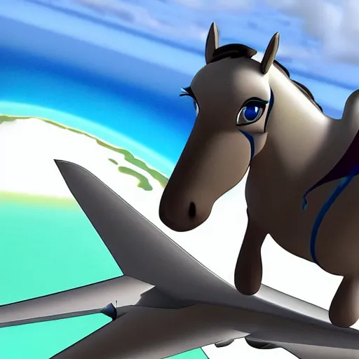 Prompt: a cartoon horse got on top of the roof of a plane, and flies it to the maldives, the islands, style of cartoon, disney studio,