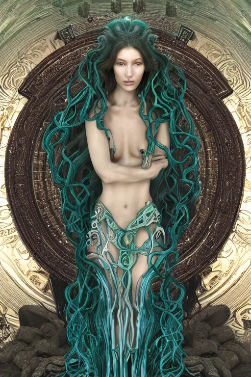 Image similar to a photo of a beautiful ancient alien medusa gorgon woman goddess bella hadid standing in iris van herpen dress jewelery and fractals in style of alphonse mucha art nuvo dmt trending on artstation made in unreal engine 4