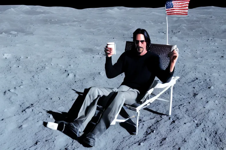 Prompt: Keanu Reeves sitting on a chair and drinking tea on the moon, 4k