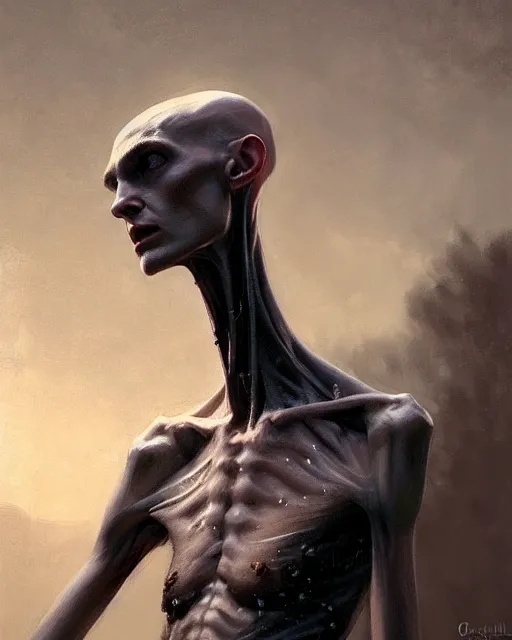 Image similar to epic portrait cinematic shot an skinny tall creature with long arms, long neck, bald, covered in dark substance, fine details. night setting. realistic shaded lighting poster by craig mullism, artgerm, jeremy lipkin and michael garmash, unreal engine, radiant light, detailed and intricate environment, digital art, trending on art station,