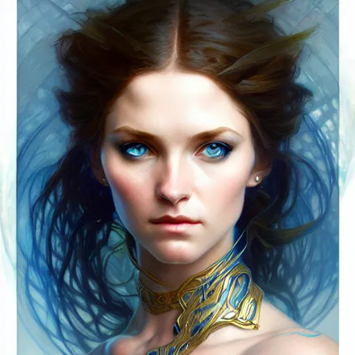 Prompt: Portrait of fairy woman, D&D, blue eyes, face, fantasy, intricate, elegant, highly detailed, digital painting, artstation, concept art, smooth, sharp focus, illustration, art by artgerm and greg rutkowski and alphonse mucha
