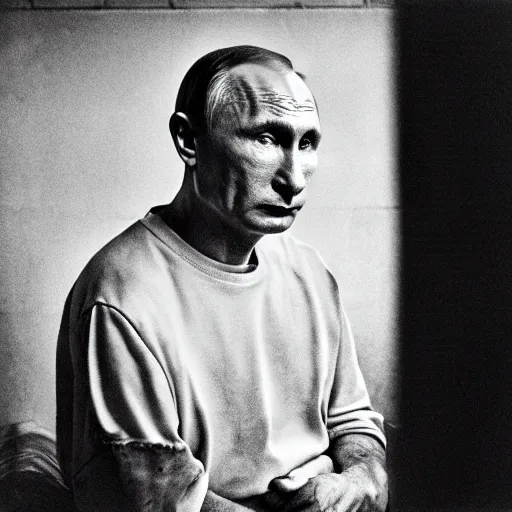 Prompt: a very sad and old wrinkled vladimir putin ( in prison clothes sitting on prison bench ). detailed professional 3 5 mm black and white photo by don mccullin and anders petersen world press photo award
