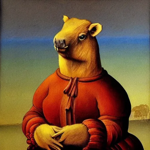 Image similar to sauve capybara wearing formal attire, portrait, painting, vivid colours, Renaissance, detail, da vinci