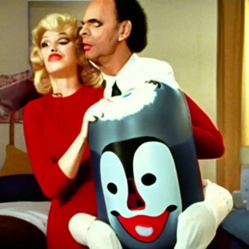 Prompt: bored housewife meets a man with an inflatable cartoon face in a seedy motel room, 1982 color Fellini film, archival footage, technicolor film, 16mm, live action, John Waters, wacky children's tv comedy