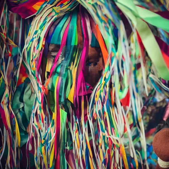 Image similar to a closeup portrait of a woman wearing a cloak made of ribbons, staring at an empty swing playground, claymation, 8 k, medium - format print