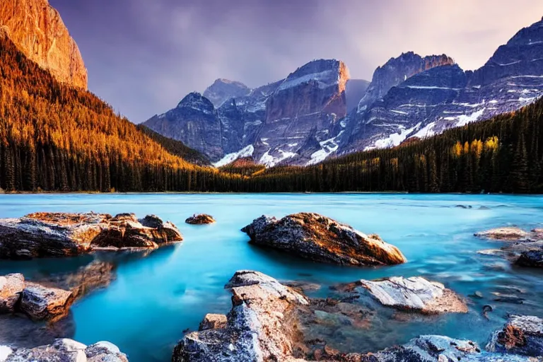 Image similar to beautiful landscape photography of the Rocky Mountains with a crystal blue lake, serene, dramatic lighting.