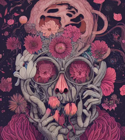 Prompt: portrait, nightmare anomalies, flowers by miyazaki, kenneth blom, mental alchemy, james jean, pablo amaringo, naudline pierre, contemporary art, hyper detailed