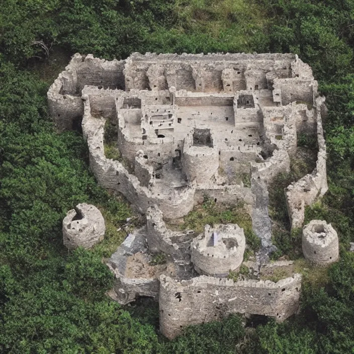 Image similar to aerial view of an ancient punisher castle compound fortress from above on a hill by the ocean shaped exactly like the punisher symbol detailed