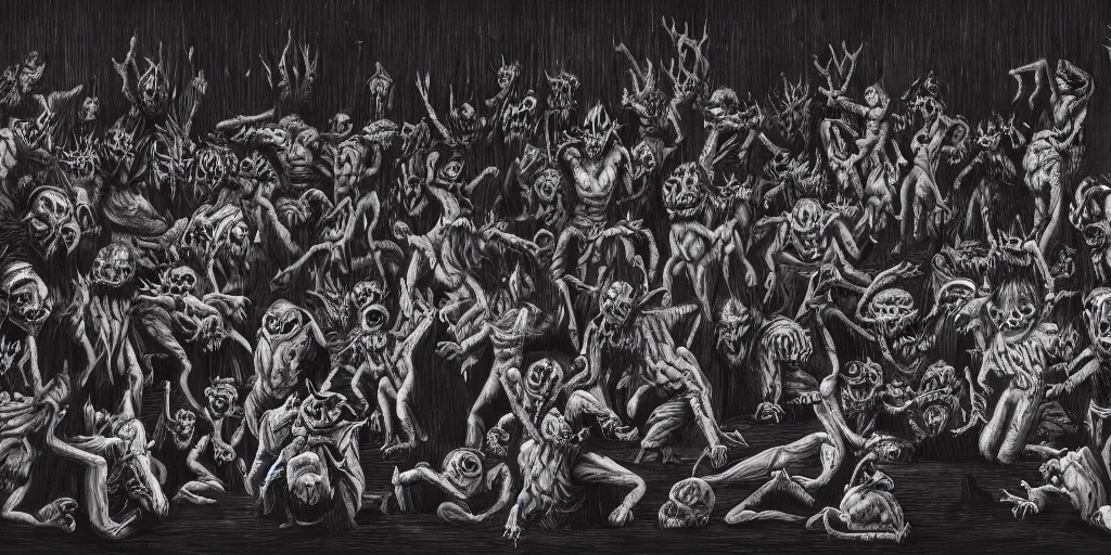 Image similar to demonish scene with many small demons and one bigger in the middle, red color, candles, bodies, gore, black and white, monochromatic