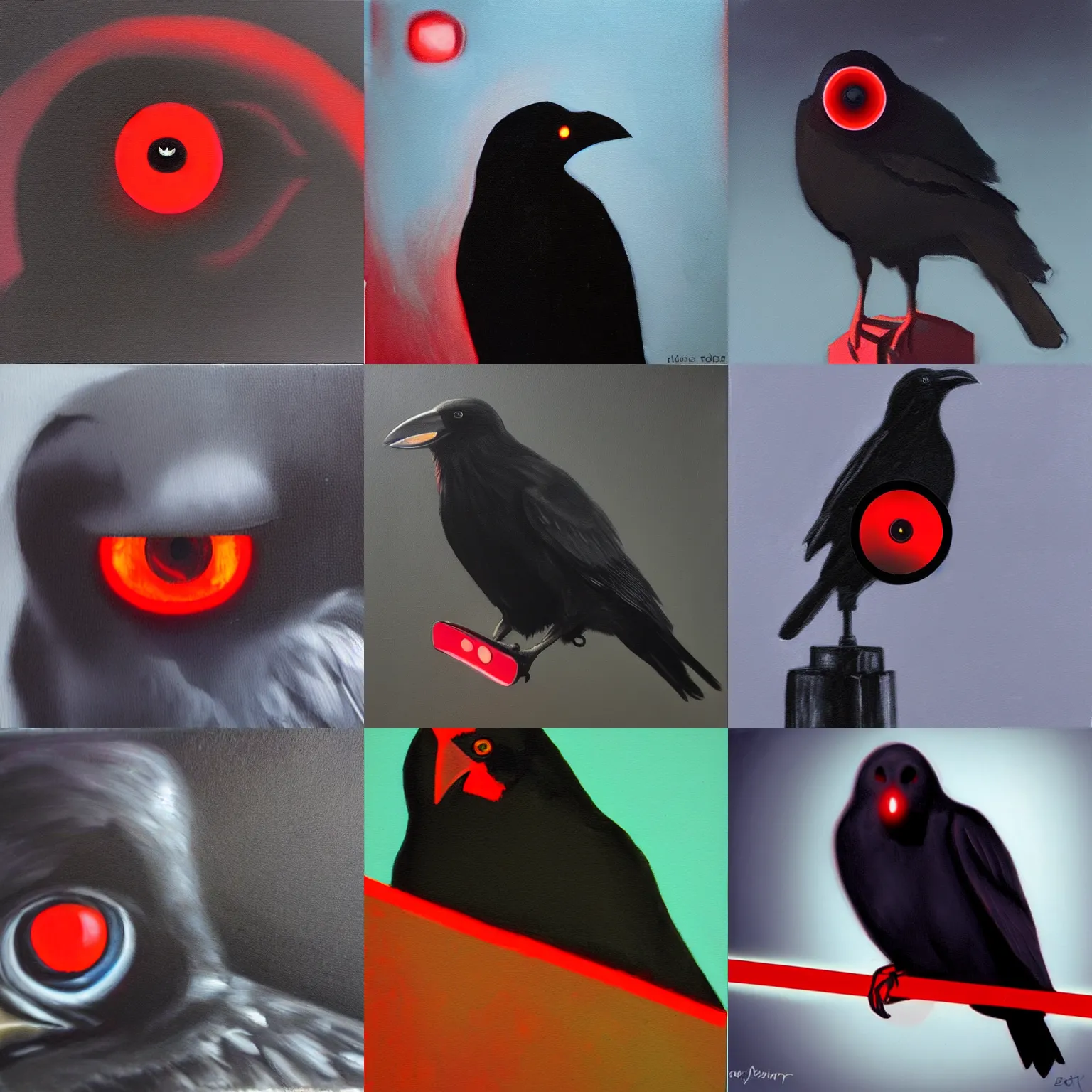 Prompt: ominous dark perched crow with glowing red surveillance camera lens for an eye (detailed realistic painting)