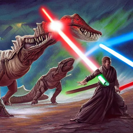 Prompt: epic painting of jedi and sith fighting dinosaurs