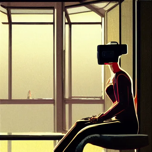 Image similar to illustration of a woman in vr headset sitting in cyberpunk room behind the window, by syd mead, greg rutkowski and ivan shishkin