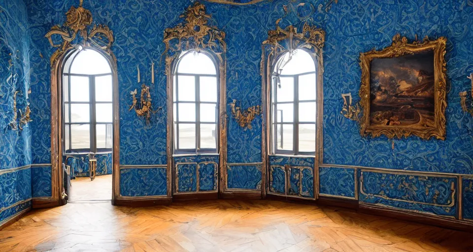 Prompt: view into an ornate baroque room with blue damask walls and dark mahogany floor and window looking out at a view of cliffs and sea