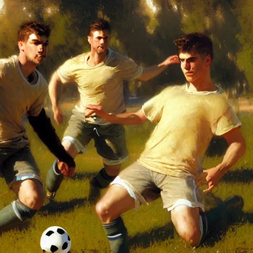 Prompt: 3 attractive male friends bonding time playing soccer. highly detailed painting by gaston bussiere, craig mullins, j. c. leyendecker, 8 k