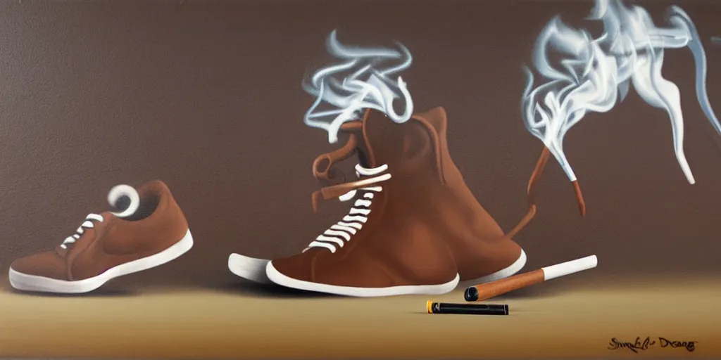 Prompt: smoking brown dog with sneakers, as a matte oil painting