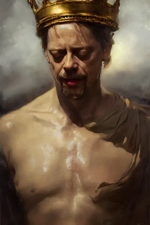 Prompt: beautiful expressive oil painting portrait of ancient roman god emperor steve buscemi ascending wearing the civic crown, art by anders zorn, wonderful masterpiece by greg rutkowski, beautiful cinematic light, american romanticism by greg manchess, jessica rossier