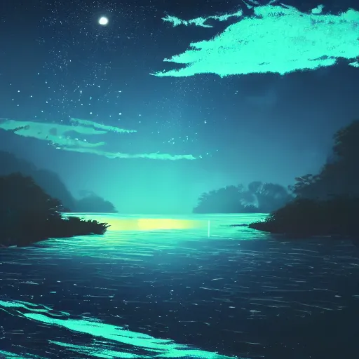 Prompt: A bioluminescent river at night, Makoto Shinkai style