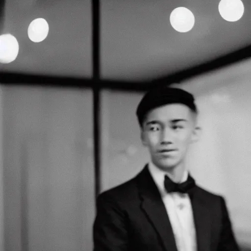 Image similar to A young man in a suit sits at a table , USSR logo in background, bokeh, cinestill, fine details