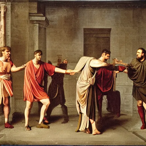 Image similar to a cheap film photograph of Roman Senators stabbing Julius Caesar in the back