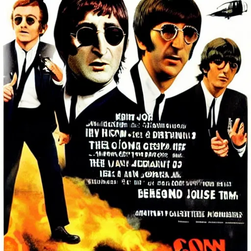 Prompt: john lennon and the beatles star in a james bond movie, 1960s film poster