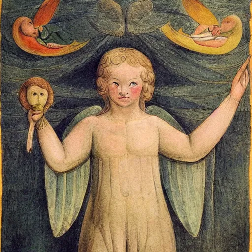 Image similar to biblical angel holding a duck, by jean deville, by william blake, oil on canvas