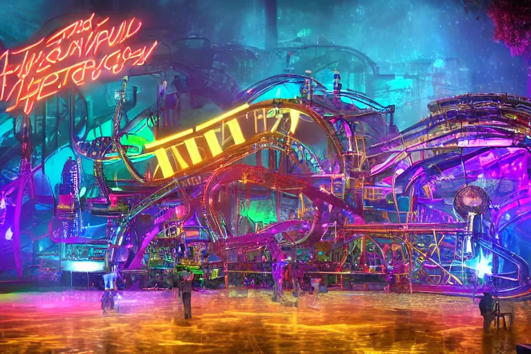 Image similar to an outdoor festival stage, big neon letters tripmachine, center of the stage is a big futuristic steampunk rollercoaster machine with a shiny steamtrain, rock musicians on the stage, laser show, 8 k, fluorescent colors, halluzinogenic, multicolored, exaggerated detailed, unreal engine