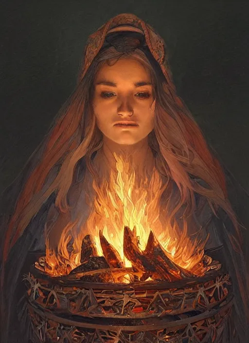 Image similar to portrait of a stunningly beautiful campfire, highly detailed, 3 5 mm photo, artstation, concept art, sharp focus, 2 8 mm macro photo, art by artgerm and greg rutkowski and alphonse mucha, incredibly beautiful and symmetrical, incredibly detailed, award winning art, royal