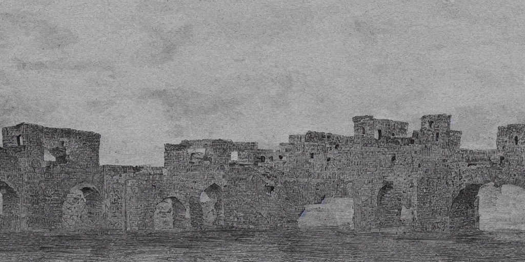 Image similar to Illustration, ancient city built along the top of a narrow tall arched bridge, over water, really long, stretches to the horizon