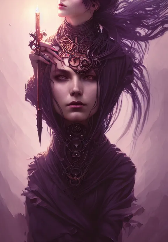 Image similar to Necromancer Sorceress, fantasy magic, undercut hairstyle, dark light night, intricate, elegant, sharp focus, illustration, highly detailed, digital painting, concept art, matte, art by WLOP and Artgerm and Greg Rutkowski and Alphonse Mucha, masterpiece