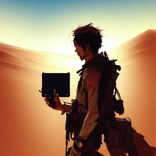 Image similar to man in the desert looking for wifi by Akihito Yoshitomi AND Yoji Shinkawa AND Greg Rutkowski, Mark Arian trending on artstation