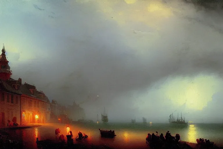 Image similar to A beautiful painting of port town during thunderstorm by Ivan aivazovsky and greg rutkowski