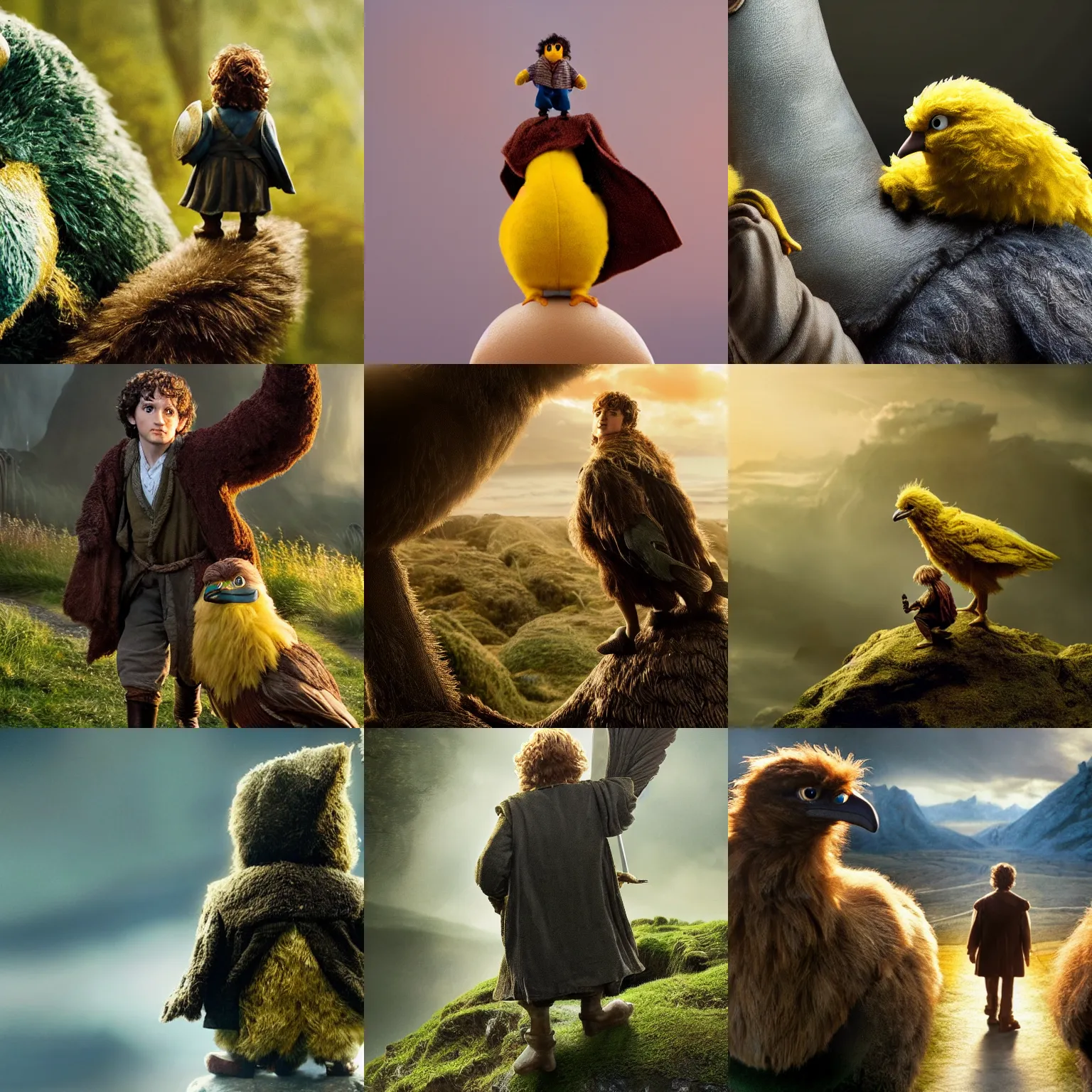 Prompt: big bird is tiny, and on the back of frodo the hobbit from lord of the rings, hyperrealistic, clean and pristine design, cinematic composition, dramatic lighting, 8 k,