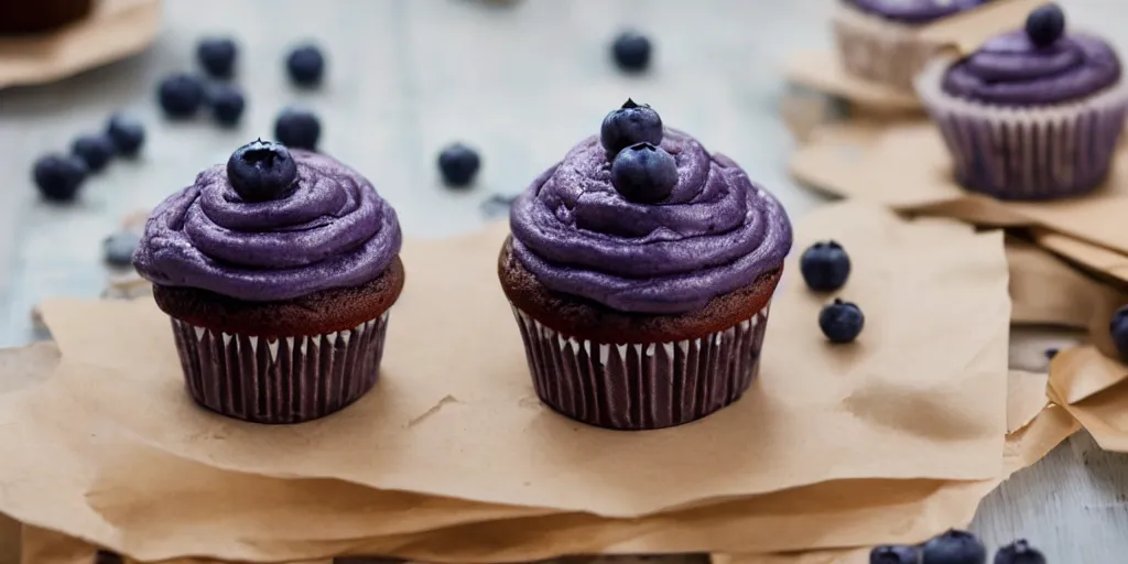 Image similar to a blueberry cupcake made of cardboard