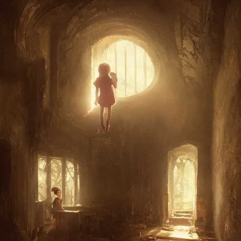 Prompt: a young girl looking surprised as she discovers a secret passage behind a fireplace in an old victorian mansion, digital painting by greg rutkowski, dutch angle!!, highly detailed, hyper detailed, behance, artstation, cgsociety, morning light, sunrise, cinematic, epic fantasy adventure, mystery, light shafts, god rays